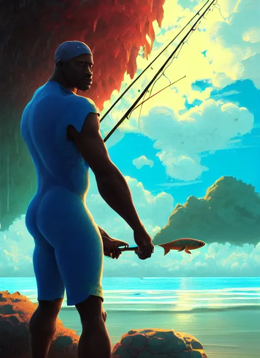 Prompt: portrait of a male jamaican fisherman sci - fi glowing fishing armor muscular caribbean intricate elegant highly detailed digital painting artstation concept art, ocean background, jamaican colors, cinematic, greg rutkowski, loish, rhads, ferdinand knab, makoto shinkai and lois van baarle, ilya kuvshinov, rossdraws, tom bagshaw