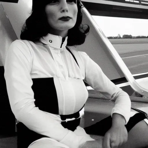 Prompt: a beautiful dark - haired girl sitting in concorde smoking 1 9 7 9 photo