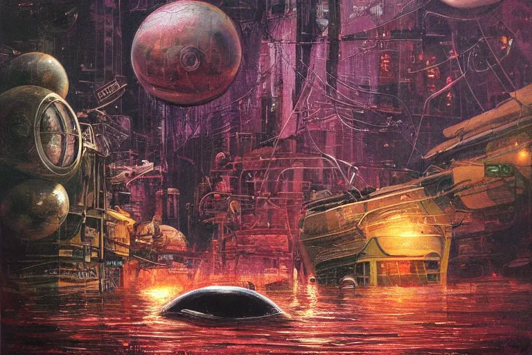 Prompt: river boats speeding between spherical tree houses on flooded streets of new york painting by ( ( ( ( ( h. r. giger ) ) ) ) ) and paul lehr