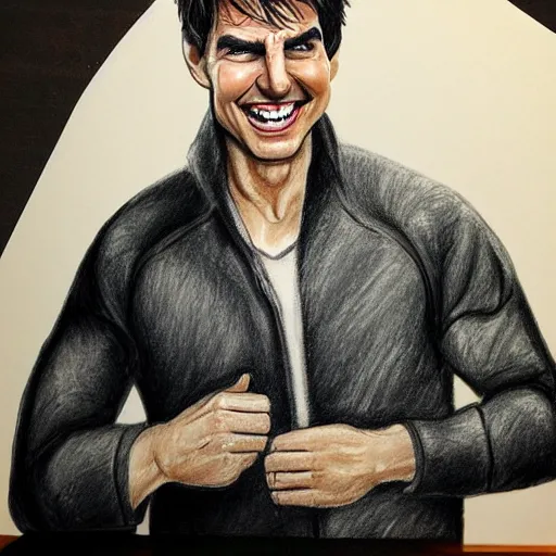 Image similar to caricature drawing of tom cruise smiling, exaggerated features, highly detailed, drawing by mahesh nambiar, sebastian kruger, archille superbi, carola rubio, artstation