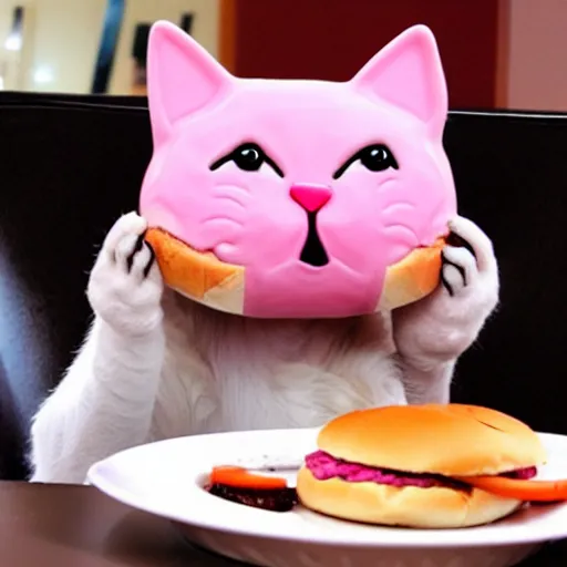 Image similar to a pink cat eating a hamburger