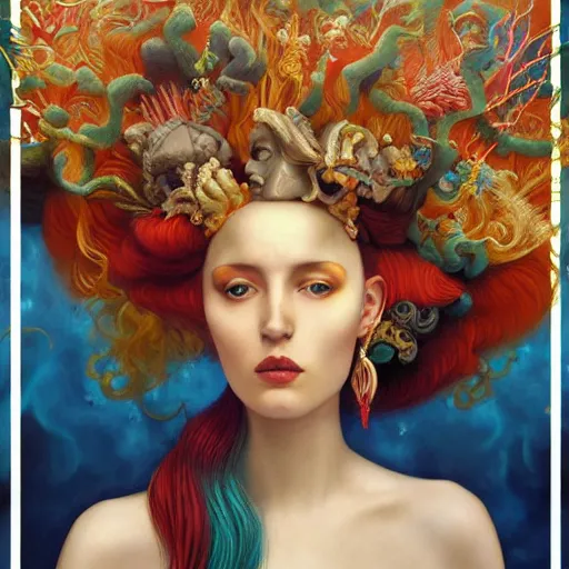 Image similar to dynamic composition, a painting of a woman with hair of seaweed and ( brightly - colored - corals ), wearing ornate earrings, a surrealist painting by tom bagshaw and jacek yerga and tamara de lempicka and jesse king, underwater, featured on cgsociety, pop surrealism, surrealist, dramatic lighting, pre - raphaelite, ornate gilded details