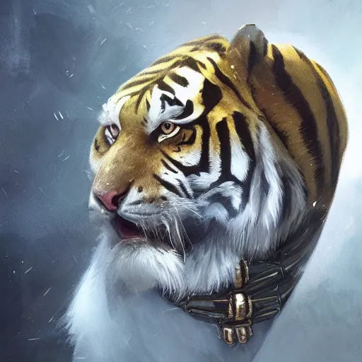 Image similar to an aesthetic award winning commission portrait of an anthro albino tiger wearing a golden chain around the neck and a black puffed jacket,digital art,art by greg rutkowski,ross tran,character design by charles bowater,photorealistic,detailed face,western comic,professional lighting,fantasy,deviantart,artstation