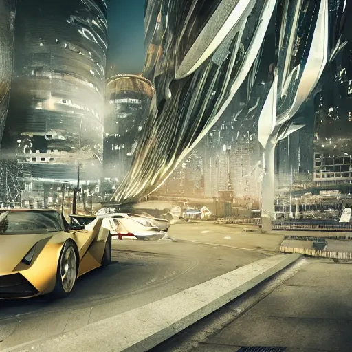 Image similar to parking several cars: center composition, distance 20 meters, motherboard forms designed by zaha hadid, sci-fi futuristic ultra realistic photography, keyshot render, octane render, unreal engine 5 lumen, high oiled liquid glossy specularity reflections, ultra detailed, golden hour, dramatic lighting 4k, 8k, 16k in the style ofblade runner 2049 Cyberpunk 2077 ghost in the shell thor 2 marvel film : tilt shift: sharp focus