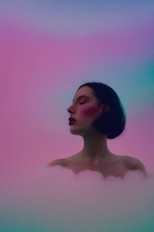 Image similar to high quality pastel coloured film close up wide angle photograph of a model wearing clothing swimming on cloud furniture in a icelandic black rock!! environment in a partially haze filled dreamstate world. three point light, rainbow. photographic production. art directed. pastel colours. volumetric clouds. pastel gradient overlay. waves glitch artefacts. extreme facial clarity. 8 k. filmic.