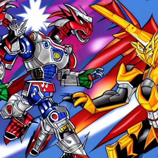 Prompt: Megazord fighting a five headed dragon