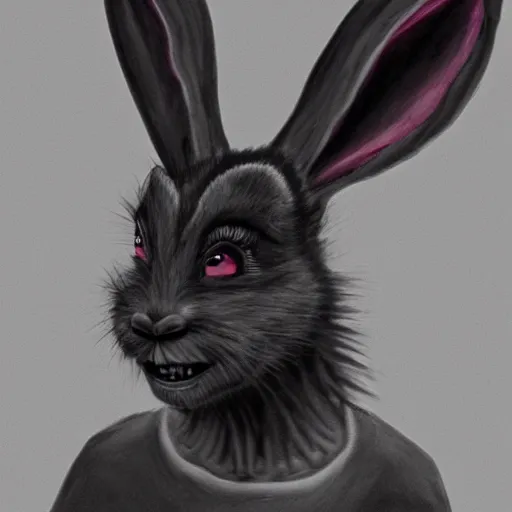 Image similar to A extremely highly detailed majestic hi-res beautiful, highly detailed head and shoulders portrait of a scary terrifying, horrifying, still of a creepy black cartoon rabbit in eraserhead with scary big eyes, earing a shirt laughing, hey buddy, let's be friends, in the style of Walt Disney animation