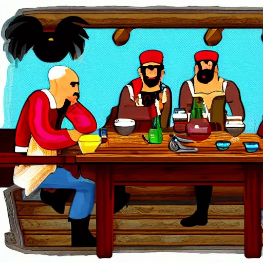 Image similar to Three important pirates drinking grog in a tavern table 16 bit computer art