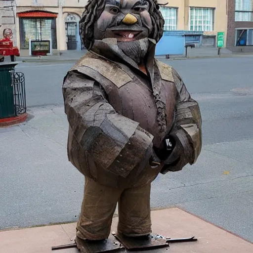 Prompt: A sculpture made of recycled materials but with perfect definition, in the shape of Hagrid de Harry Potter