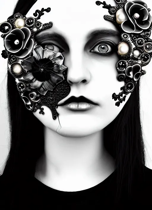 Prompt: black and white gothic masterpiece profile face portrait, one steampunk eye silver hexagonal meshes floral biomechanical beautiful young female cyborg - vampire, big monocular, volumetric light, hibiscus flowers, by hg giger, rim light, big gothic fashion pearl embroidered collar, 8 k