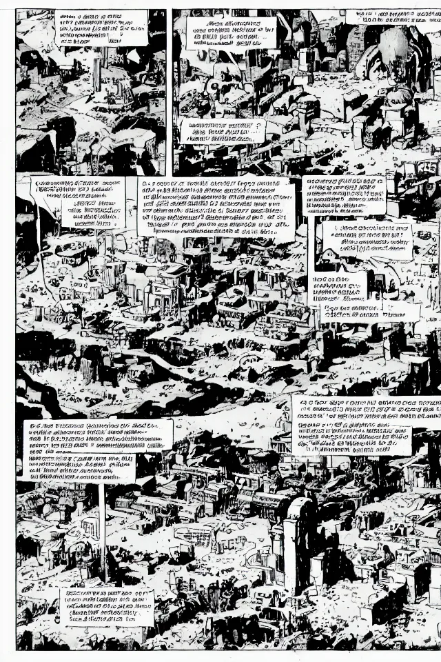 Image similar to comicpage with panels and speech balloon by Moebius showing the fall of the city of Babylon