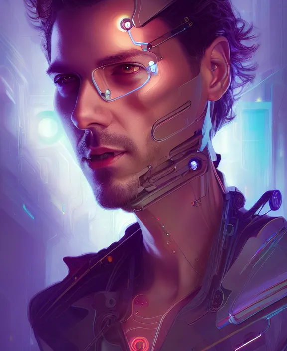 Image similar to a whirlwind inside the metaverse, guy, male, man, hologram, half body, neurochip, android, cyborg, cyberpunk face, by loish, d & d, fantasy, intricate, elegant, highly detailed, colorful, digital painting, artstation, concept art, art by artgerm and greg rutkowski and alphonse mucha