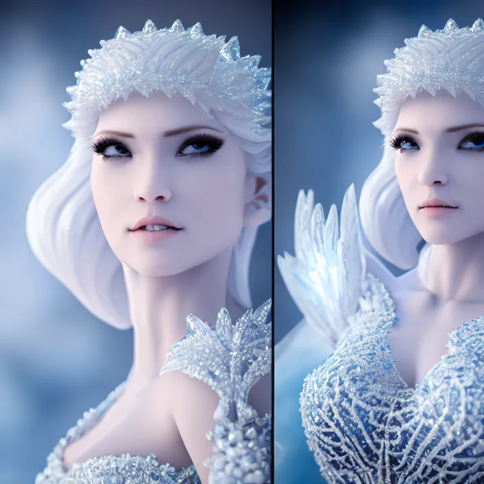 Image similar to photograph of a real-life beautiful ice queen with ornate white dress. Extremely detailed. 8k