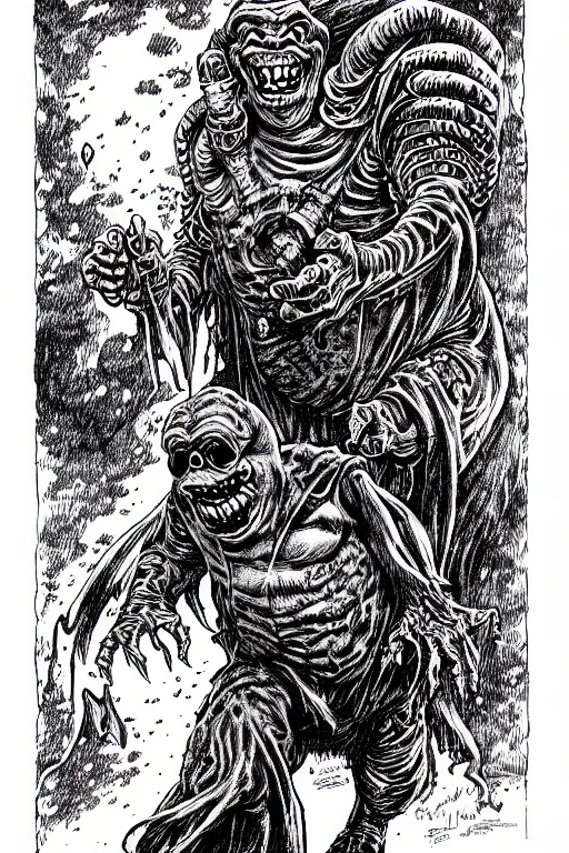 Image similar to slimer ghost as a d & d monster, full body, pen - and - ink illustration, etching, by russ nicholson, david a trampier, larry elmore, 1 9 8 1, hq scan, intricate details, inside stylized border