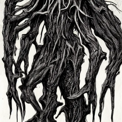 Image similar to detailed concept art of a scary humanoid creature made of roots and mud