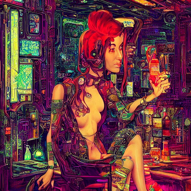 Image similar to beautiful psychedelic digital art of a beautiful cyberpunk lady in a cozy bar by Mad Dog Jones, Norman Rockwell and Ben Erdt