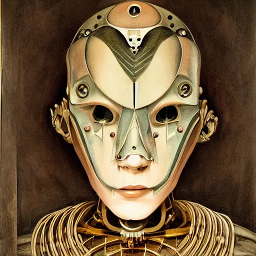 Image similar to symmetrical semi - realistic modern art deco mysterious creepy portrait of automaton fearful in the style of michael hussar highly detailed sharp focus