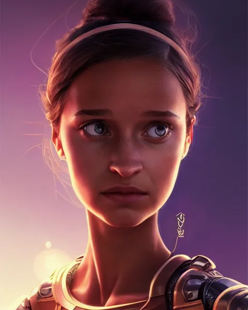 Prompt: weta disney pixar movie still portrait photo of young alicia vikander as thoughtful cyborg woman by pixar, by weta, wlop, ilya kuvshinov, rossdraws, artgerm, maxim cover, latex, sweaty, iridescent, bright morning, anime, liosh, mucha