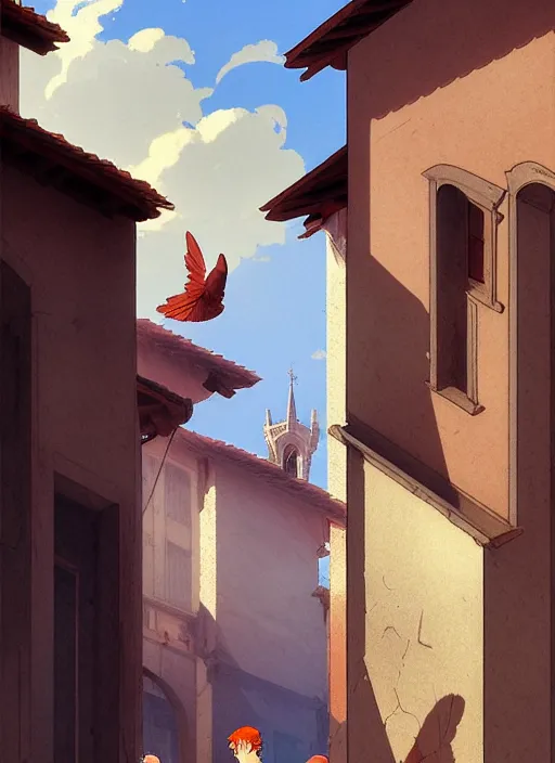 Image similar to florence italy in 1 8 2 0, an angle holds a nightingale bird on an outstretched hand, finely detailed perfect art, gapmoe yandere grimdark, trending on pixiv fanbox, painted by greg rutkowski makoto shinkai takashi takeuchi studio ghibli