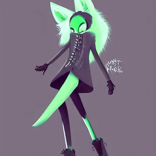 Prompt: Beautiful digital painting, anthro anthropomorphic pastel-green androgynous wolf, Punk outfit.