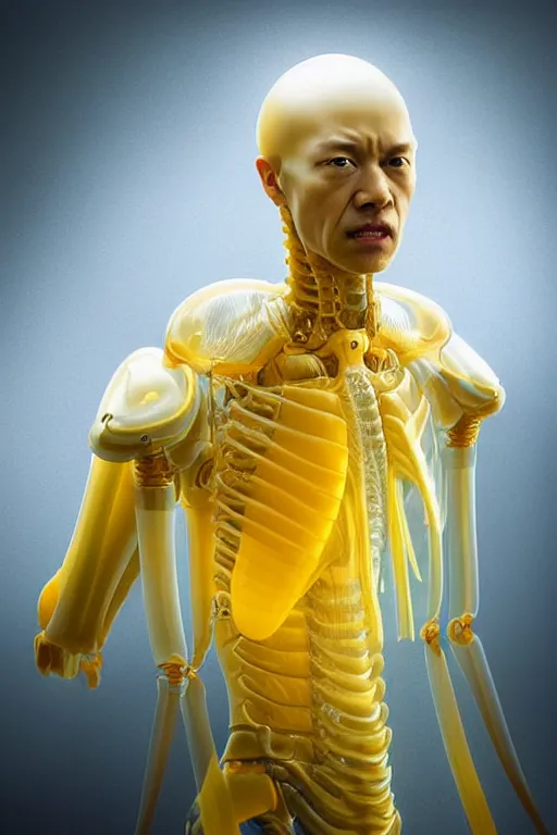 Prompt: hyperrealistic close-up translucent hard exoskeleton!! sad chinese man covered highly detailed concept art eric zener elson peter cinematic side soft yellow light high angle hd 8k sharp shallow depth of field