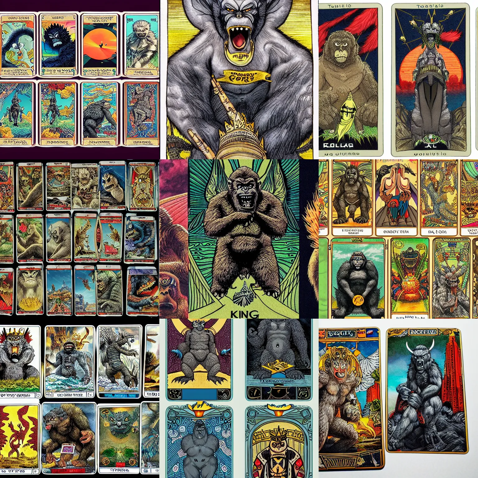 Prompt: tarot cards featuring only King Kong, Godzilla and Mothra, meticulously detailed artwork