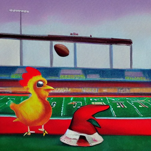 Image similar to the famous funky chicken runs across a football field, interrupting the big game, oil painting