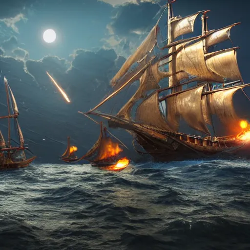 Image similar to ancient ship battle, highly detailed, photorealistic portrait, bright studio setting, studio lighting, crisp quality and light reflections, unreal engine 5 quality render