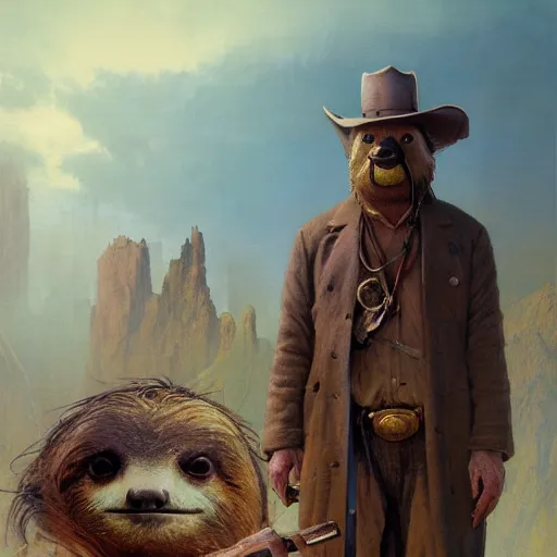 Image similar to detailed concept art of a sloth dressed as an old west prospector, artstation, award - winning realistic concept art by jim burns and greg rutkowski, beksinski, a concept art masterpiece, red color palette, james gilleard, bruegel, alphonse mucha, and yoshitaka amano.