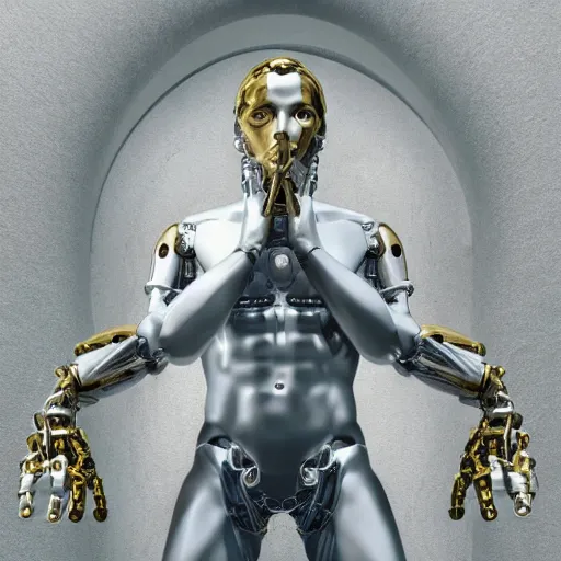 Image similar to statue of white marble with gold veins of strong attractive futuristic cybernetic man adonis posing, hyper realistic, transhumanism, full body shot, perfect symmetrical body, perfect symmetrical face, hyper detailed, by johannen voss, by peter kemp, by monia merlo, by michelangelo octane render blender, 8 k