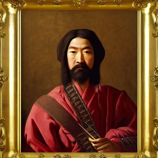 Image similar to Highly detailed and cinematic Renaissance period portrait oil painting Kublai Khan, an oil painting ((masterpiece)) by ((Josep Tapiró Baró)), dynamic lighting, 8K