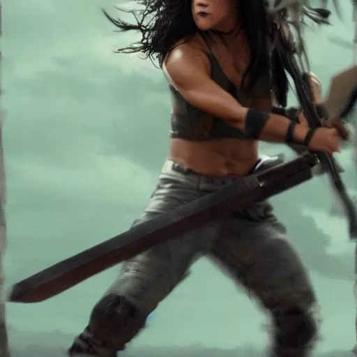 Prompt: Michelle rodriguez as an amazone warrior killing soldiers with her spear, cinematic lighting, high quality 8k hd, oil on canvas, hyperralistic art