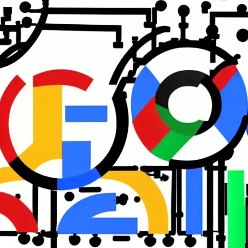 Prompt: new google logo design of a computerized robot with lots of cables and tools