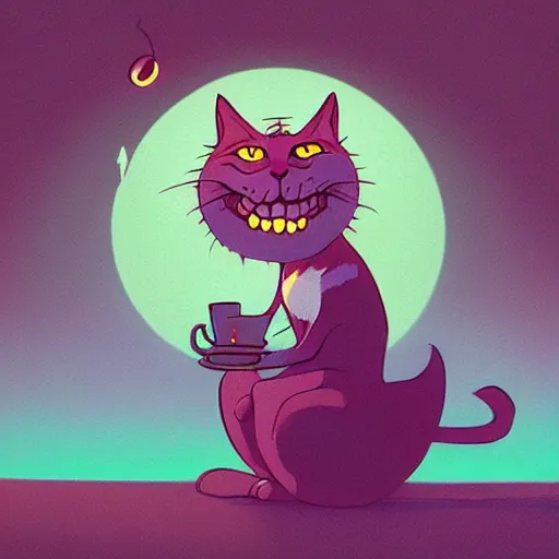 Image similar to cheshire cat drinking tea, in the style of atey ghailan and james gilleard and goro fujita, exquisite lighting, art, very coherent, trending on artstation