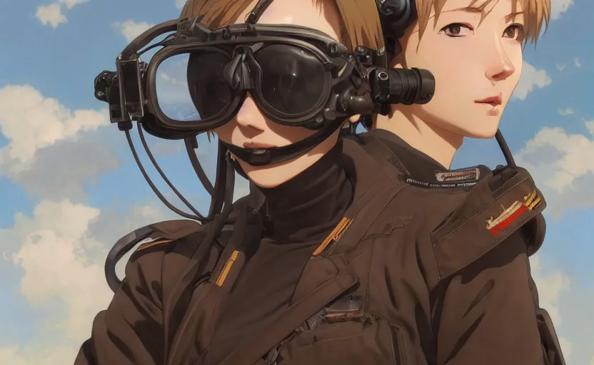 Image similar to a flying girl, fused aircraft parts, anime style, military pilot clothing, goggles, short hair, hair down, symmetrical facial features, from arknights, hyper realistic, 4 k, rule of thirds, extreme detail, detailed drawing, trending artstation, realistic lighting, by alphonse mucha, greg rutkowski, shoulder eyes, backlit