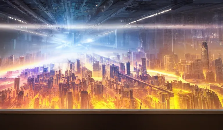 Image similar to large group people in a frame warehouse, looking at hologram of futuristic city on a table, cinematic concept art, godrays, golden hour, natural sunlight, 4 k, clear details, tabletop model buildings, center model buildings, hologram center, crane shot, crane shot, crane shot