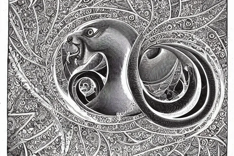 Image similar to an ornate illustration in the styles of mandalas and fractals, the styles of escher and penrose, depicting a weasel staring deep into the heart of the impossible all - and - nothing of the emerging singularity ; / what has god wrought? / he seems to be whispering.