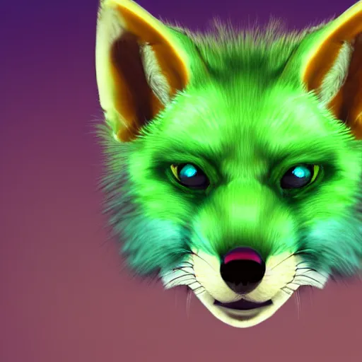 Image similar to photorealistic green fox with green fur and glowing magenta eyes, wearing a black hoodie