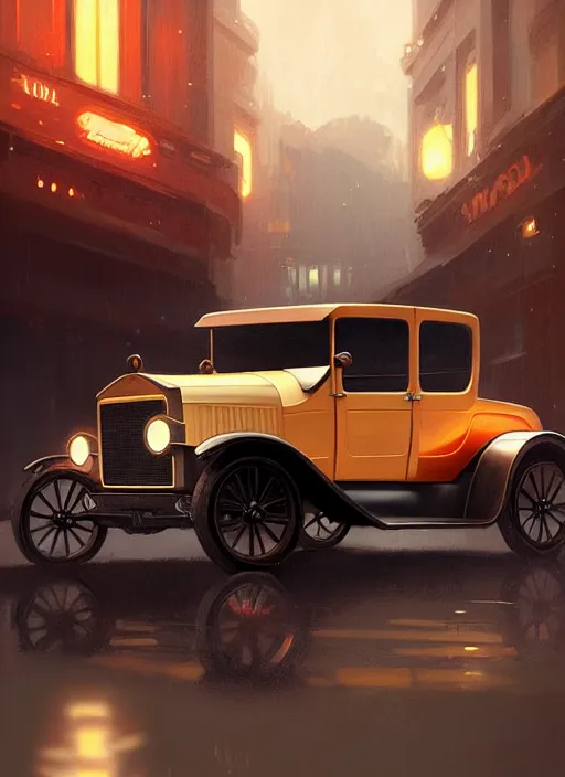 Image similar to ford model t, intricate, elegant, glowing lights, highly detailed, digital painting, artstation, sharp focus, illustration, art by wlop, mars ravelo and greg rutkowski