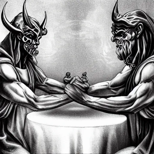 Image similar to god and the devil arm wrestling to see who wins the souls, ultra realistic photo,