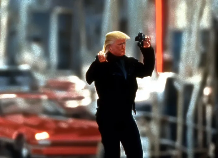 Image similar to donald trump stars in terminator 2 ( 1 9 9 1 ) shot on arriflex 3 5 bl 4, zeiss super speed and cooke varotal lenses