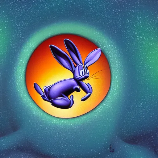 Prompt: Bugs Bunny, delicately positioned and entwined in vibrant fluid hues, is being drawn and spaghettified into a blackhole, Fantasy, hyperrealism, 4k, volumetric lighting, three dimensions, spaghettification, a digitally transformed world, user interface design, 3D modeling, artstation, illustration, and transportation design. art by Andrew Chiampo, Frederik Heyman and Jonathan Zawada,