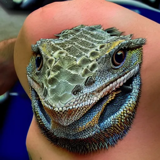 Image similar to bearded dragon on the back of a siberian husky, photorealistic