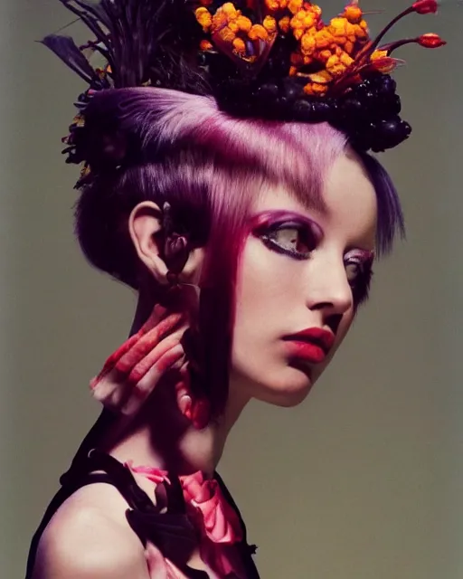 Image similar to a bountiful springtime harvest, a conceptual surrealist punk hairstyle for girls, by steven meisel, sigma 35mm f/8