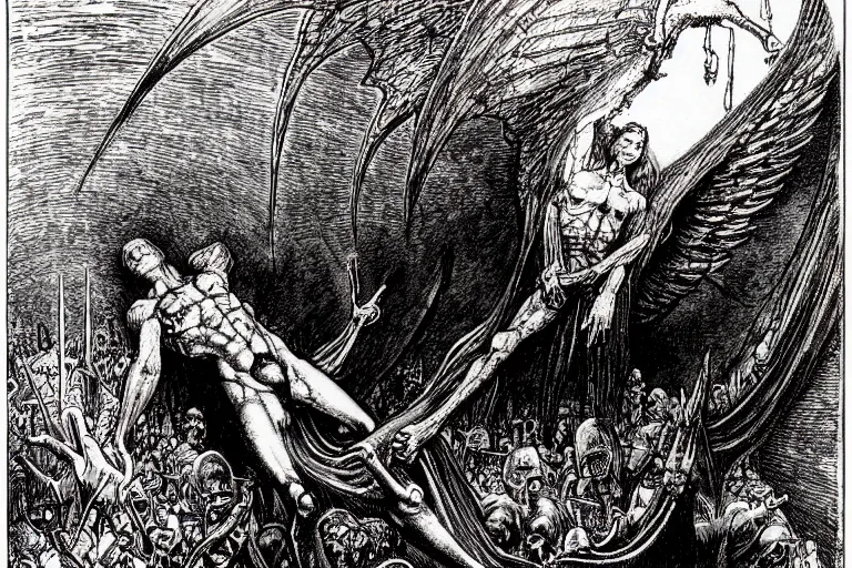 Prompt: 3 5 mm photo of a fallen angel begs to enter the gates of hell by philippe druillet and gustave dore and les edwards and much a and moebius and hieronymus bosch