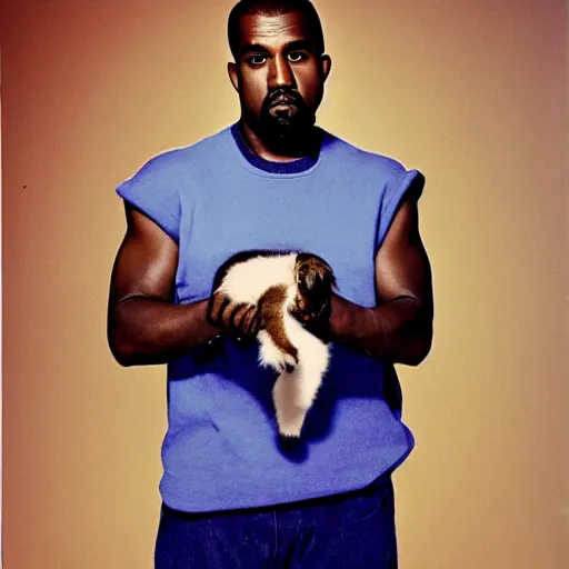 Image similar to Kanye West holding a kitten for a 1990s sitcom tv show, Studio Photograph, portrait C 12.0