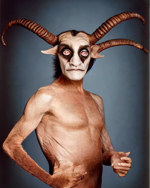 Prompt: actor Marty Feldman in Elaborate Pan Satyr Goat Man Makeup and prosthetics designed by Rick Baker, Hyperreal, Head-shot photos in the style of Annie Leibovitz