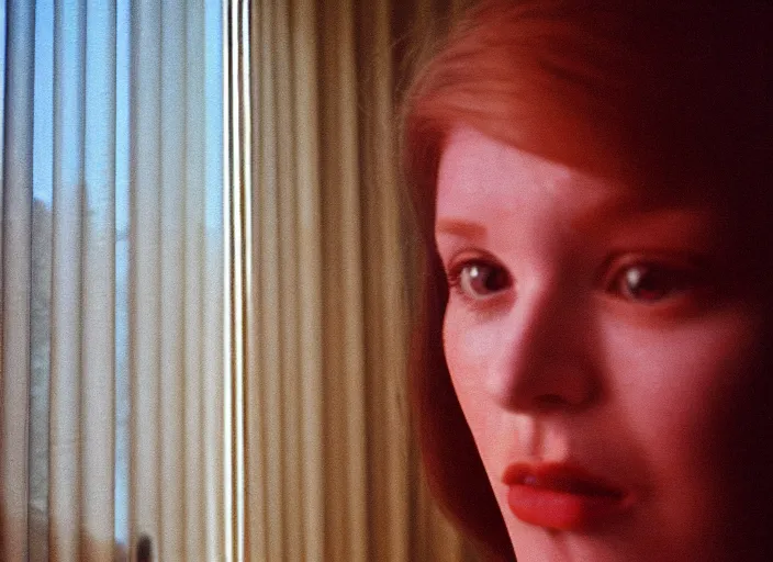 Image similar to close-up color film photography 1970s, long shot, young ginger woman in office with the shadow of the blinds on her face, soft focus, golden hour, soft light, 35mm, film photo, Joel Meyerowitz