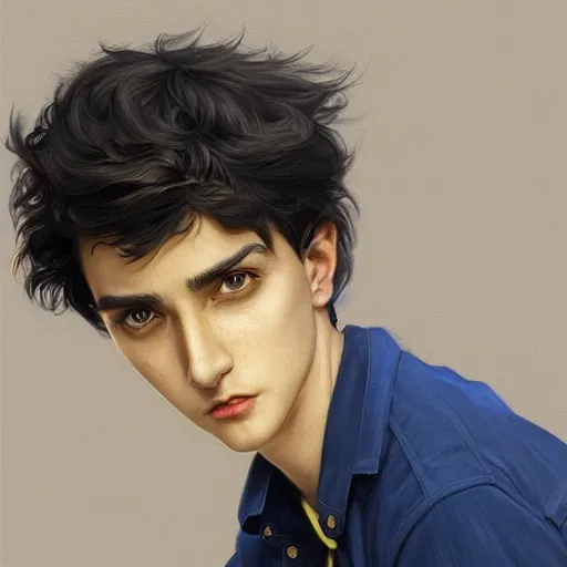 Image similar to ultra realistic illustration, a young man with black hair, in a checkered yellow shirt, with blue eyes, highly detailed, digital painting, artstation, concept art, smooth, sharp focus, illustration, art by artgerm and greg rutkowski and alphonse mucha