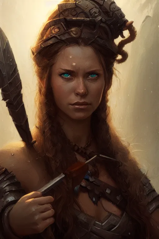 Image similar to head and shoulders portrait of a barbarian, female, high fantasy, dnd, nuri iyem, james gurney, james jean, greg rutkowski, anato finnstark